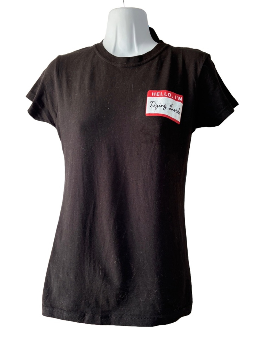 Black Graphic Tee with 'Hello I'm Dying Inside' Badge